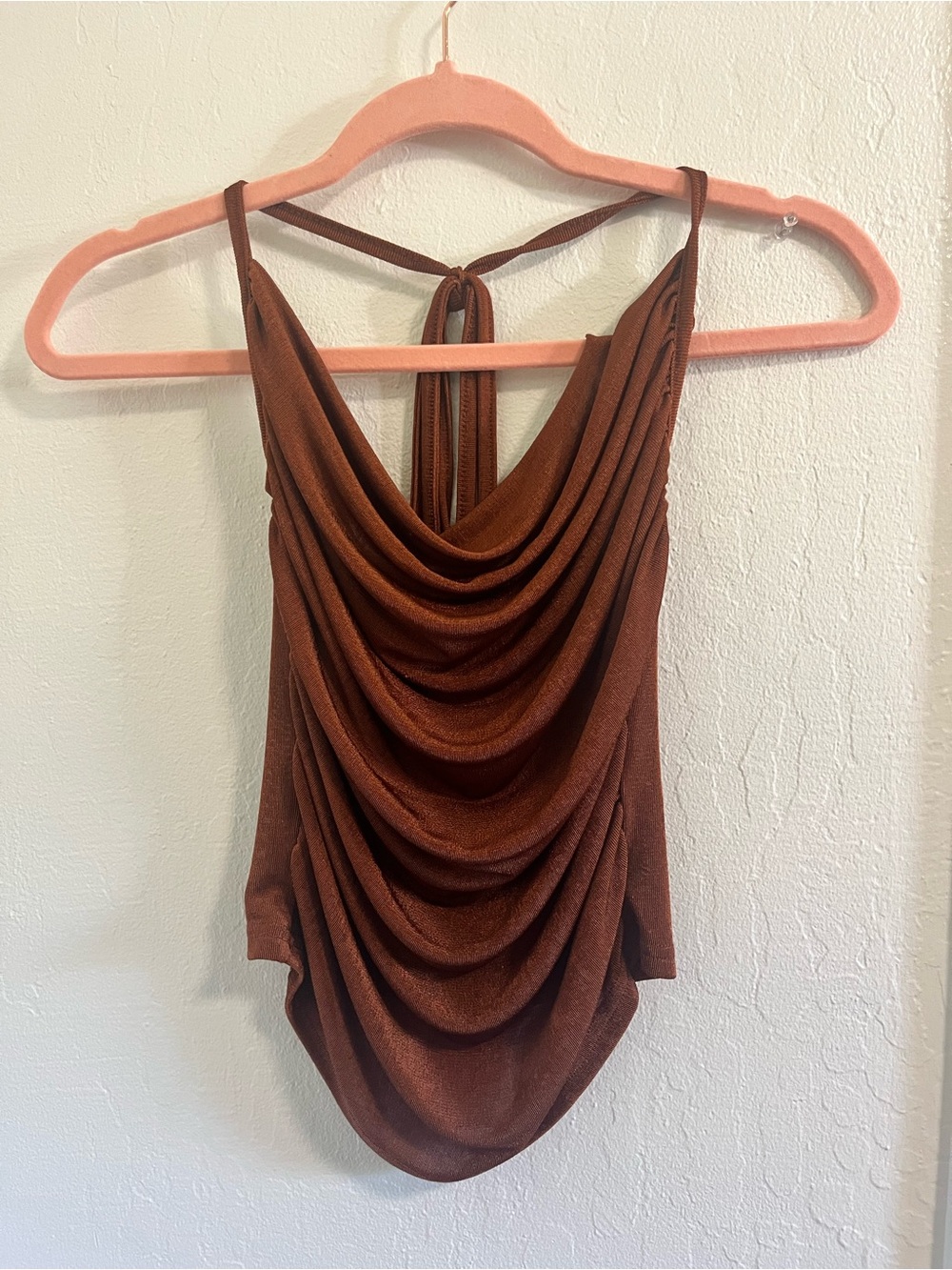 Sheer Draped Cowl Neck Spaghetti Strap Tank - Brown / Rust